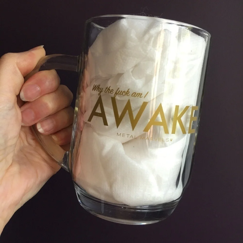 Why the **** am I AWAKE” Mug, Glass, Gold, 18 oz